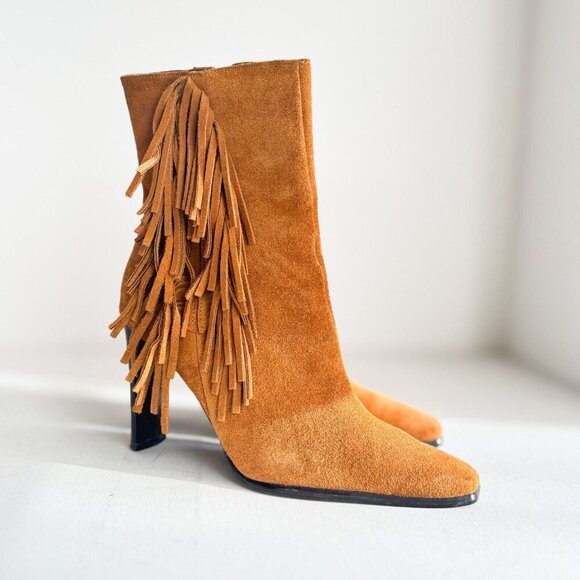 Vintage Predications Leather Collection Brown Suede Fringe Pointy Toe Boots 7.5 - Picture 1 of 10